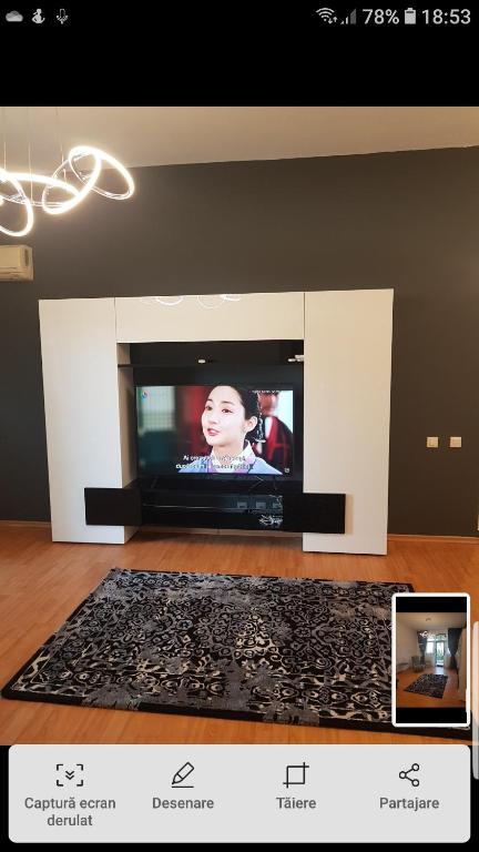 a television in a living room with a black rug at Apartament Mamaia in Mamaia