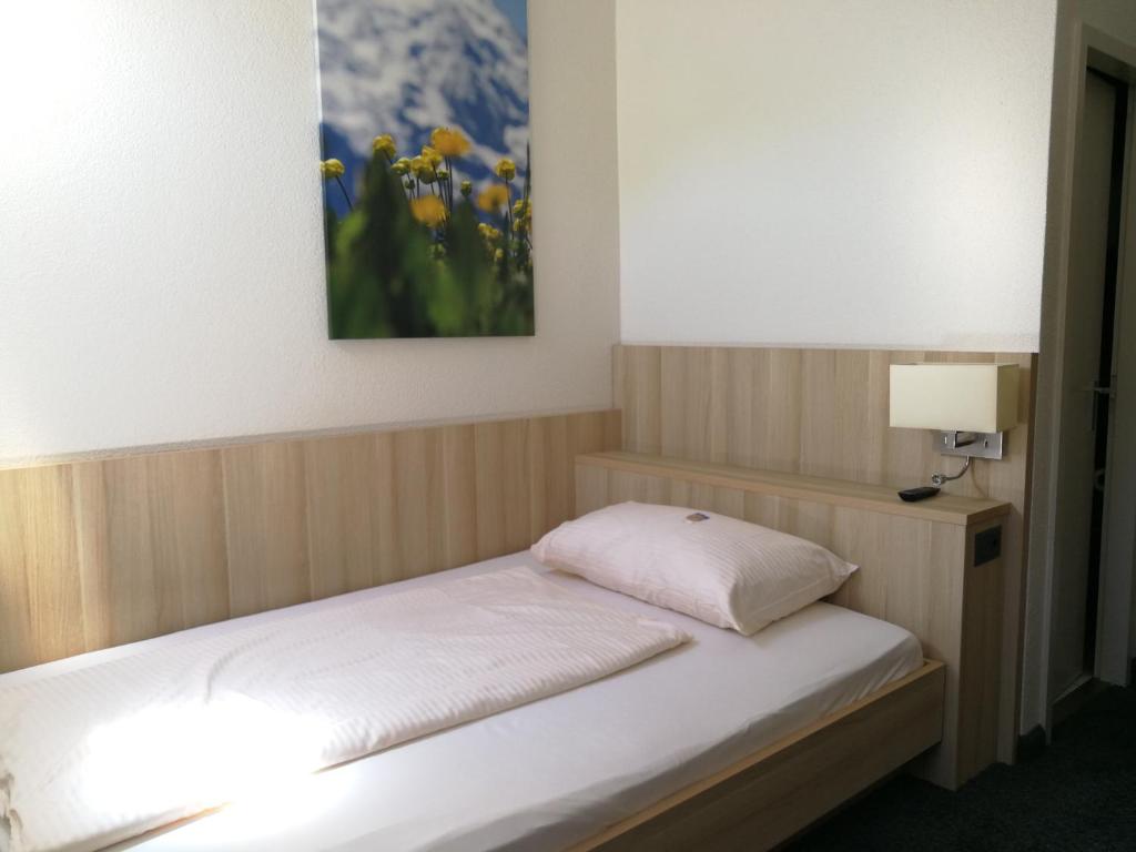 a bed in a room with a picture on the wall at Hotel Lötschberg in Interlaken