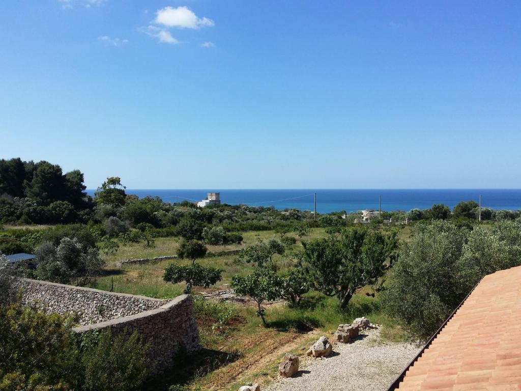 a view of a field with the ocean in the background at Antica Masseria Ficazzana - Tenuta in Marina di Pescoluse