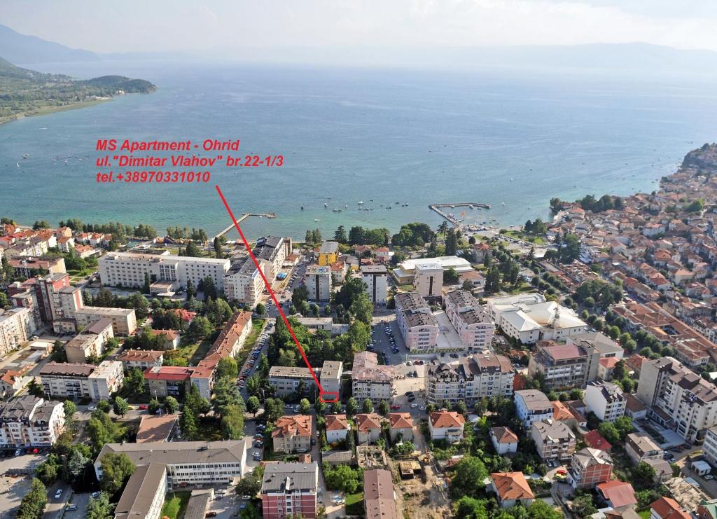 an aerial view of the city and the water at MS Apartment in Ohrid