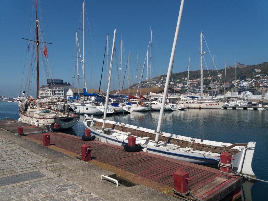 a group of boats docked in a harbor at L' ALBATROS vue sur le port in Fécamp