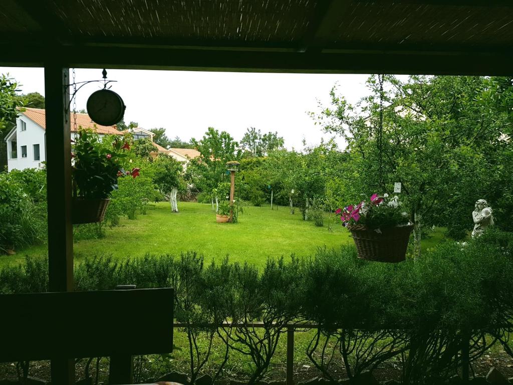 een uitzicht op een tuin vanuit het raam van een huis bij Greenhill in Pula