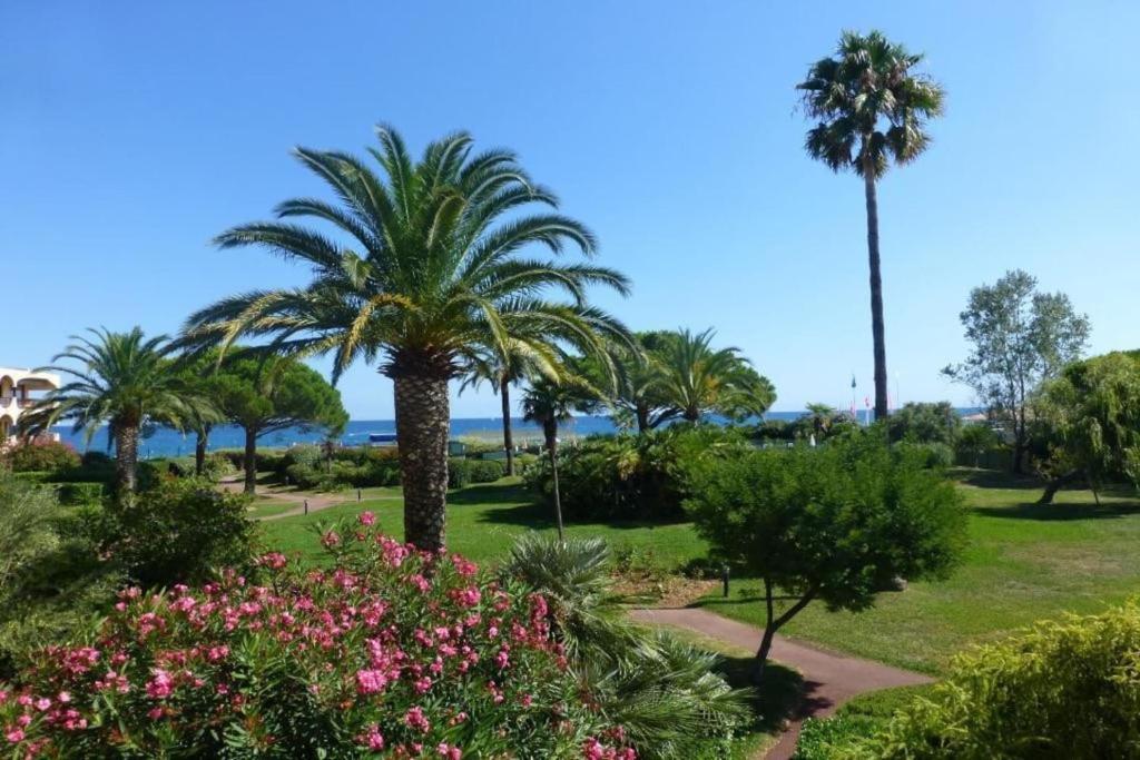 un parc avec des palmiers et des fleurs et l'océan dans l'établissement bel Appartement les pieds dans l'eau, à Villeneuve-Loubet
