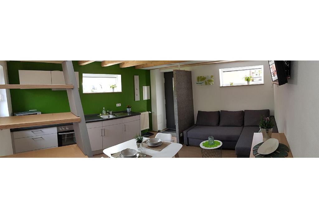 ein Wohnzimmer mit einem Sofa und einer Küche in der Unterkunft Finger's Hyggelig-Haus in Erbach