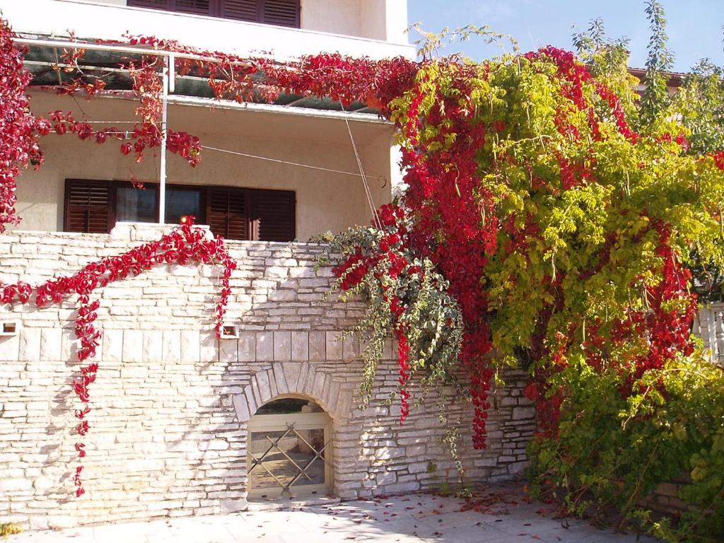 Un edificio con un mazzo di fiori rossi sopra di Apartman za 5 osoba a Medulin