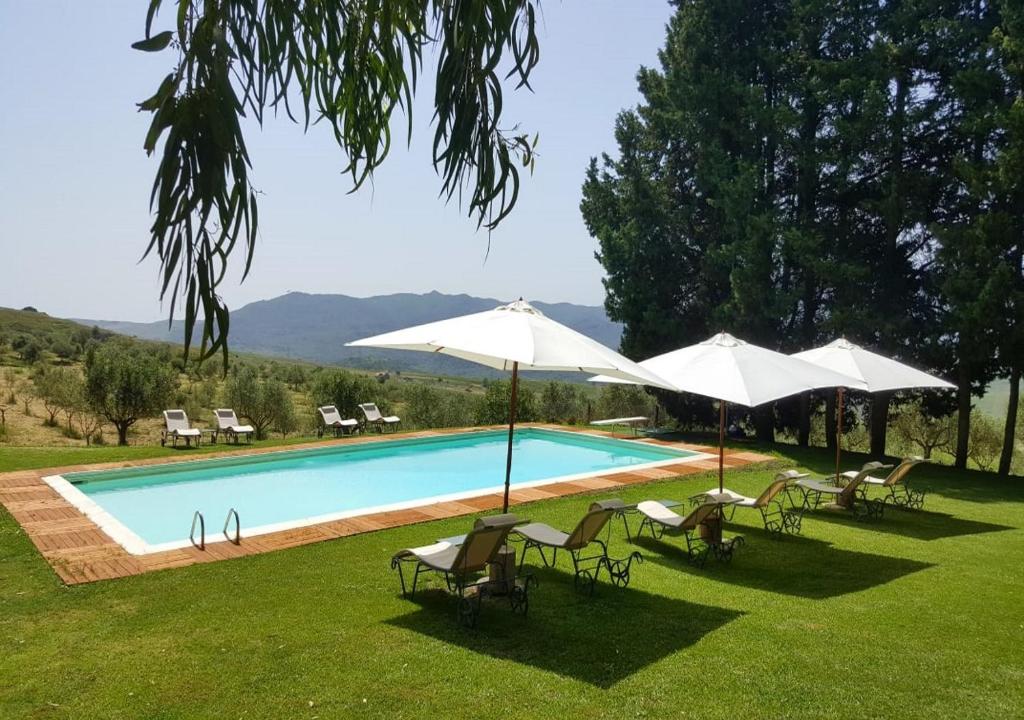 a swimming pool with lawn chairs and umbrellas at Masseria Rossella in Piana degli Albanesi