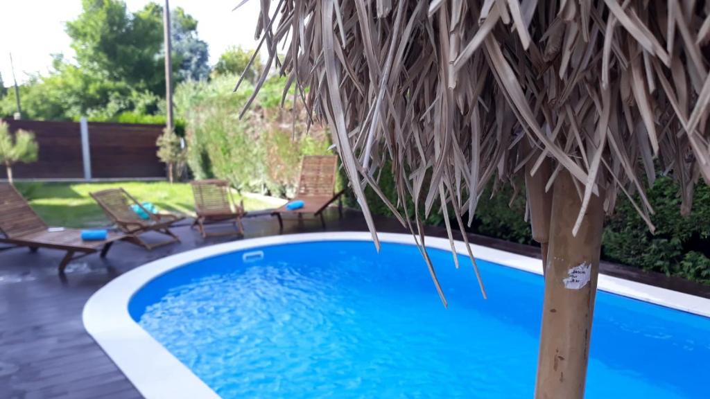 a swimming pool in a yard with a thatched roof at Apartments Franka in Samobor