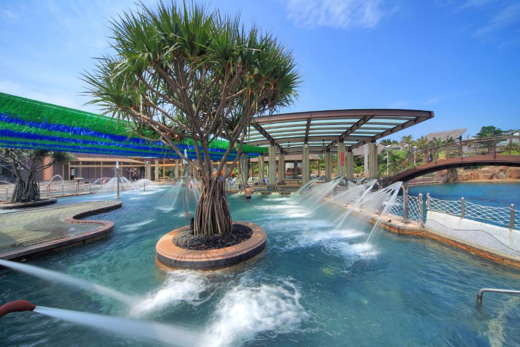 a water park with a palm tree in the middle at Jin Yong Quan Spa Hotspring Resort in Wanli