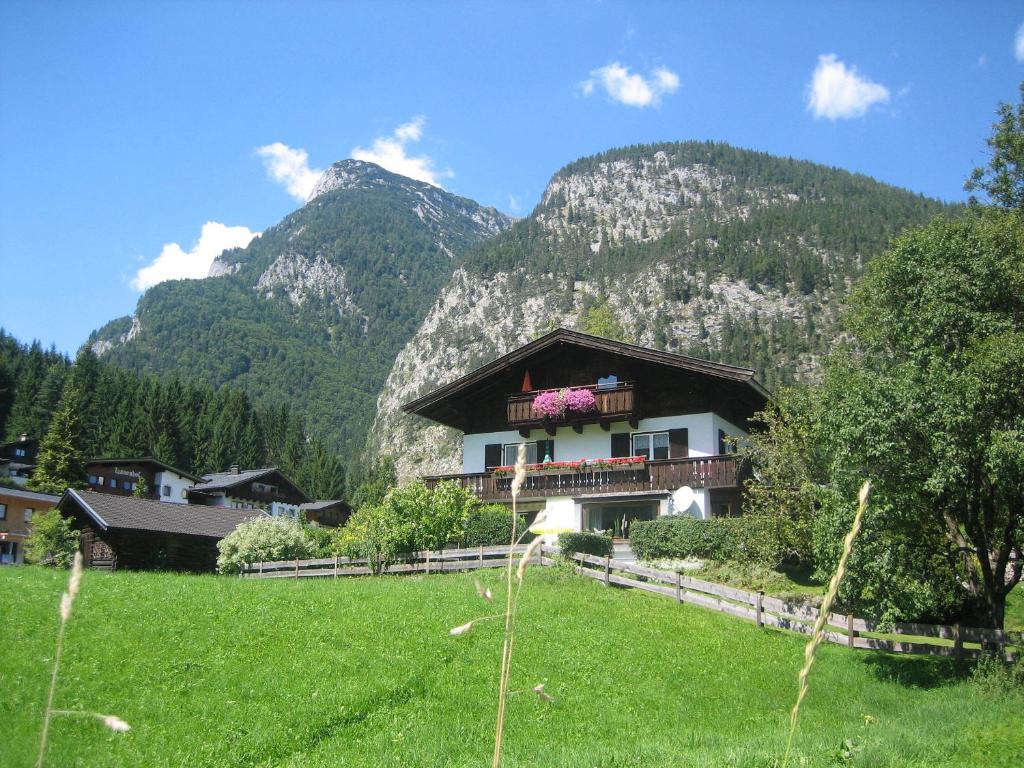 ein Haus auf einem Hügel mit Bergen im Hintergrund in der Unterkunft Appartement Weissbacher in Lofer