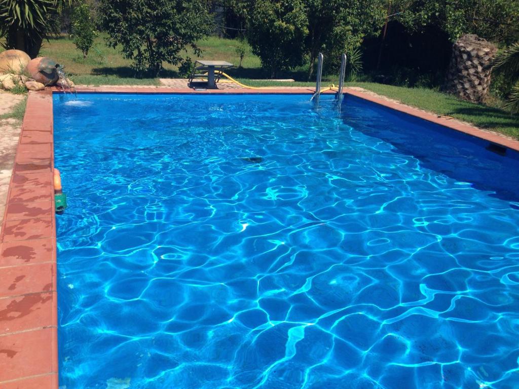 uma piscina com água azul num quintal em b&b le terre cotte em Decimomannu