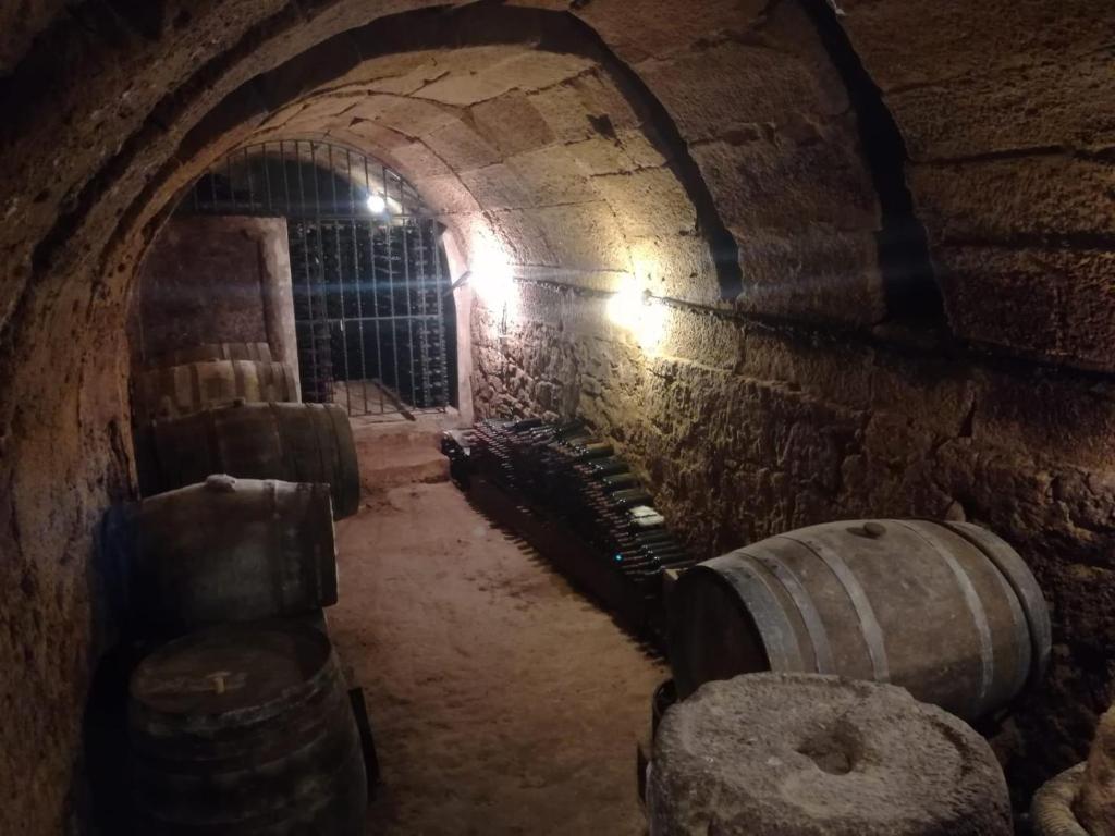 una antigua bodega con barriles y un túnel en Calao de Cuatro Copas, en Rodezno