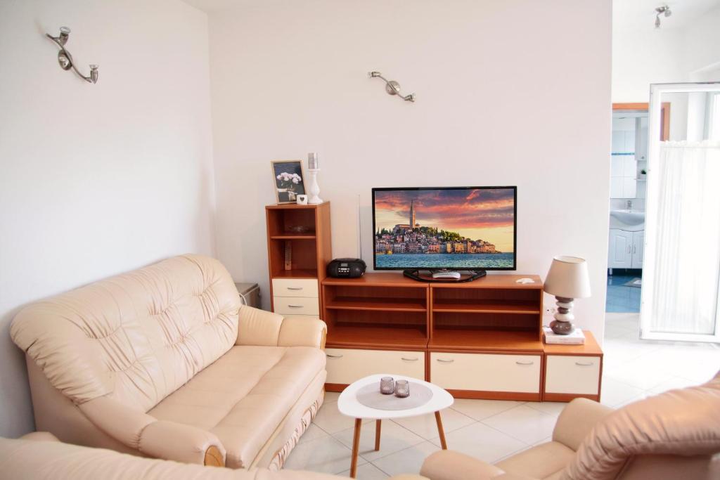salon z kanapą i telewizorem z płaskim ekranem w obiekcie Apartment Matika, terrace apartment 10 minutes walk from center w Rovinj