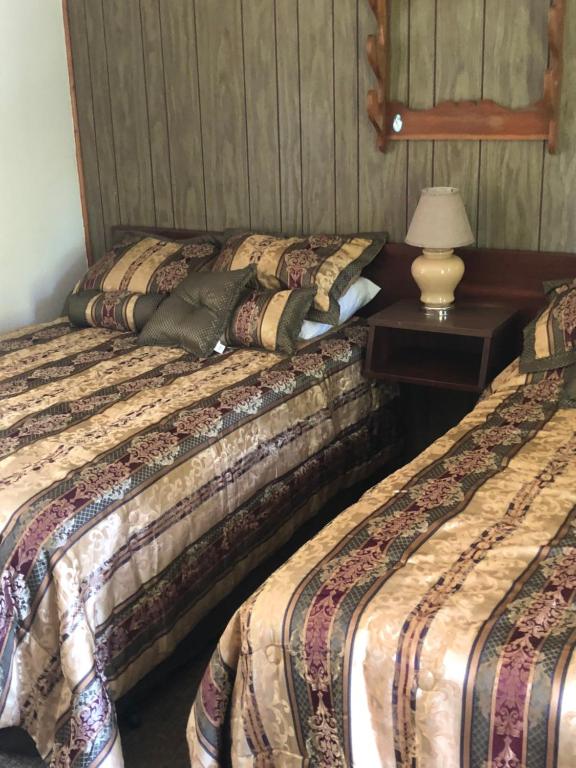 duas camas num quarto com um candeeiro sobre uma mesa em Michael Dee's Motel em East Durham