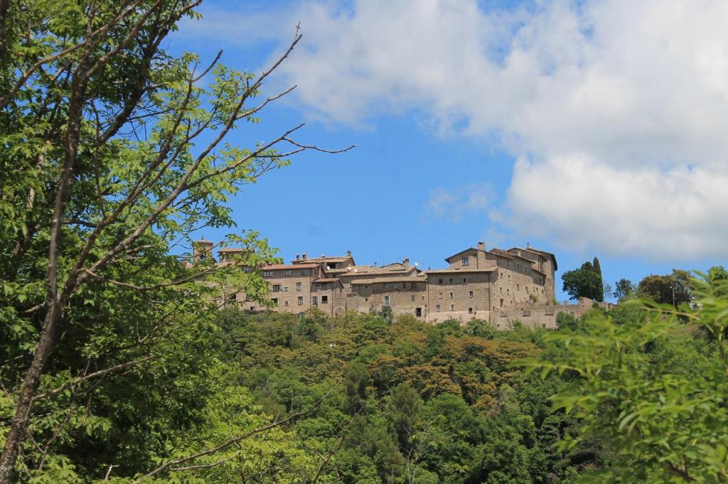 un château au sommet d'une colline plantée d'arbres dans l'établissement Arcus Casa Vacanze, à Macerino
