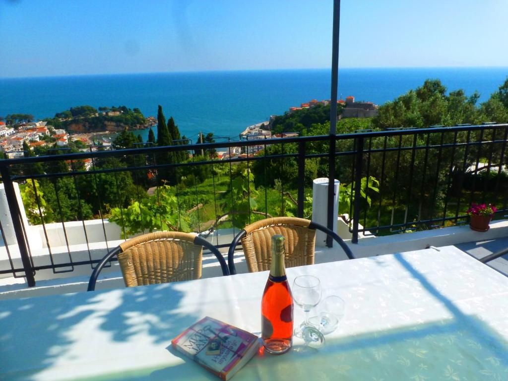 烏爾齊尼的住宿－Apartment Djakonovic Mladen，阳台上的桌子上摆放着一瓶葡萄酒