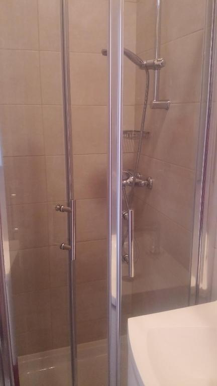 prysznic ze szklanymi drzwiami obok umywalki w obiekcie Apartments Timi w Poreču