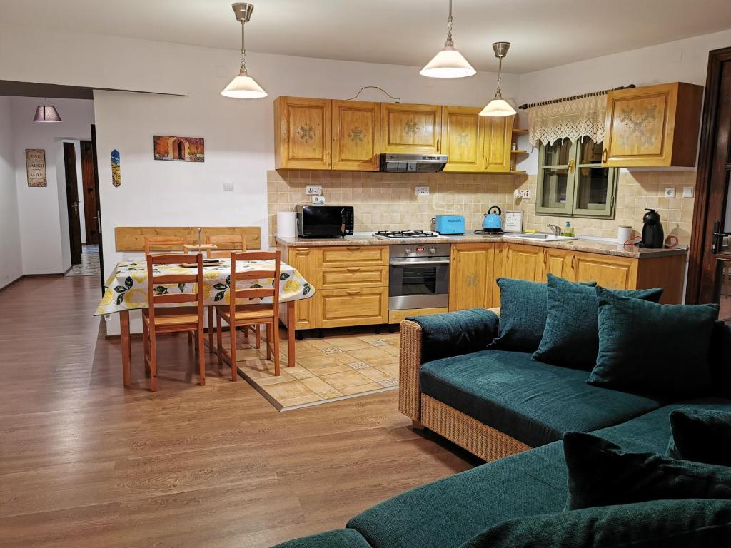 a living room with a couch and a table and a kitchen at Drumul Poienii Apartment in Braşov