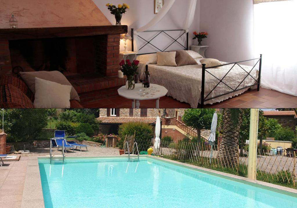 a house with a swimming pool and a bedroom and a bed at Borgo al Cielo - Albergo Diffuso in Suvereto