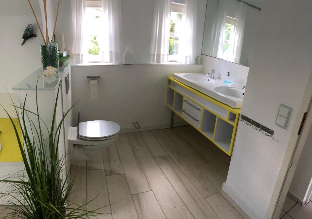 a bathroom with a sink and a toilet and two windows at Ferienimspessart OG in Bad Soden-Salmünster