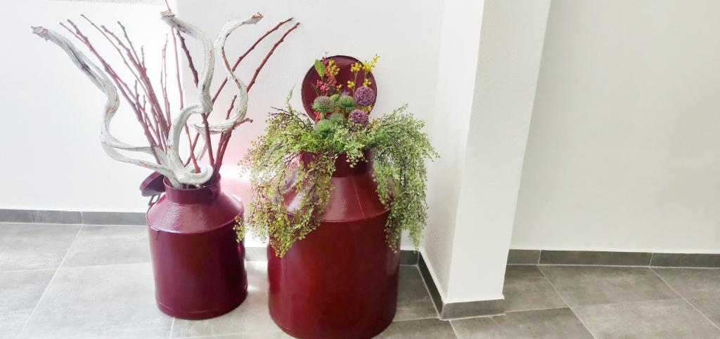 two red vases with flowers and branches in them at Pinheiro de Monsaraz-Casas da Colmeia T2 in Reguengos de Monsaraz