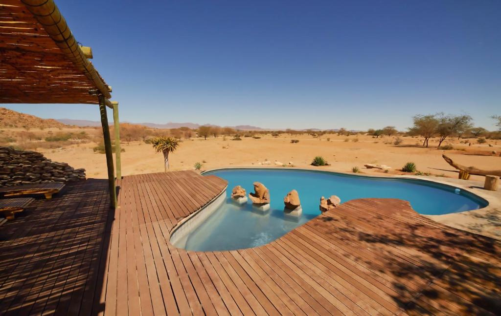 索勒帖爾的住宿－Solitaire Mountain Lodge，一群人在沙漠的游泳池里