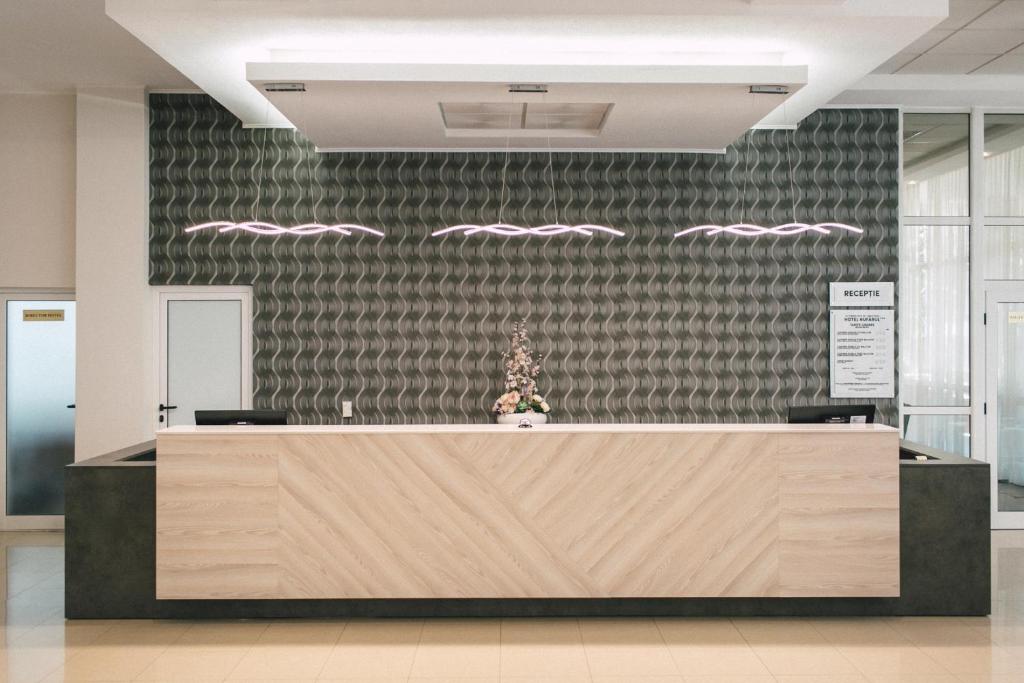 a reception desk with a christmas tree on the wall at Hotel Nufarul in Baile Felix