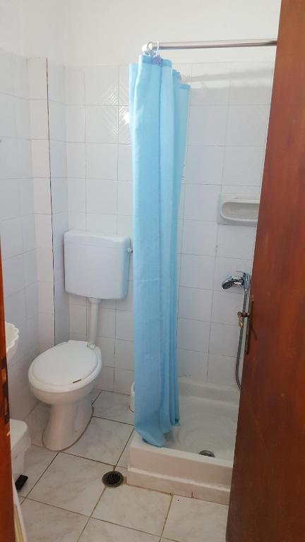 a bathroom with a toilet and a blue shower curtain at Aeolos Hotel Apartments in Gythio