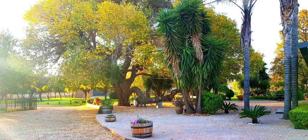 a park with palm trees and plants on a sidewalk at LE -DANTE in Klerksdorp