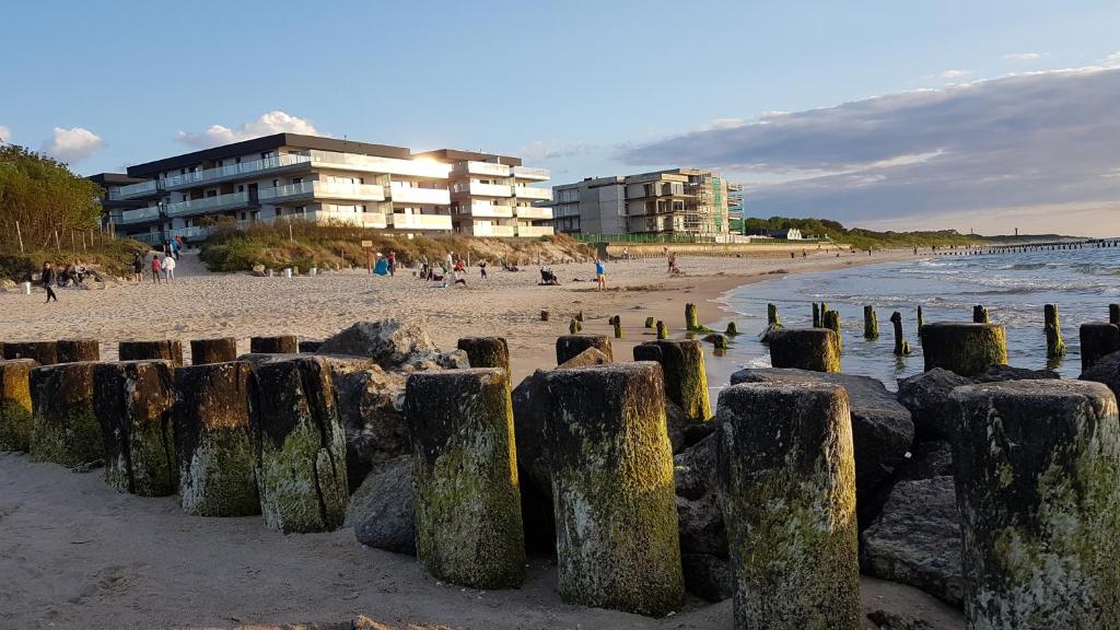 a beach with some wooden posts in the sand at Apartament Fala Gardenia Seaside in Dziwnów