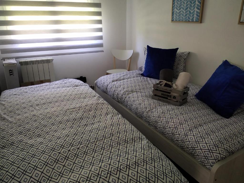 a bedroom with two twin beds with blue pillows at Vianatxiki in Viana