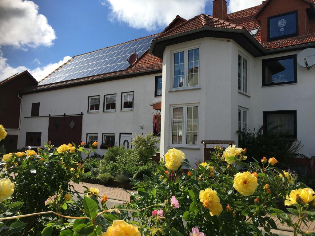 dom z mnóstwem kwiatów przed nim w obiekcie Gallowayhof am Edersee w mieście Vöhl