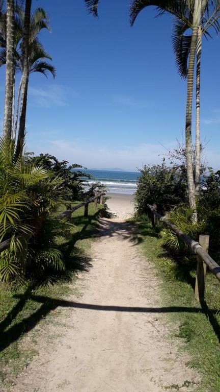 a dirt road leading to a beach with palm trees at CASA TEMPORADA TUCO E TUCA in Ubatuba