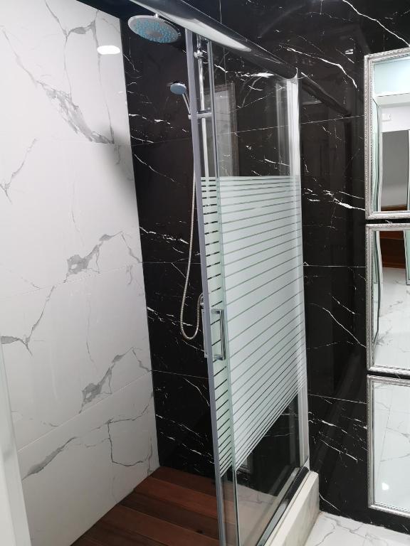 a shower with a glass door in a bathroom at Thalia deco City & Beach Hotel in Hersonissos