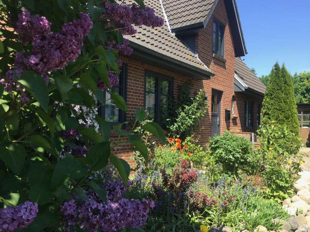 a garden in front of a house with purple flowers at Charmantes Haus mit zwei Ferienwohnungen und großem Garten in Aventoft - Enjoy! in Aventoft