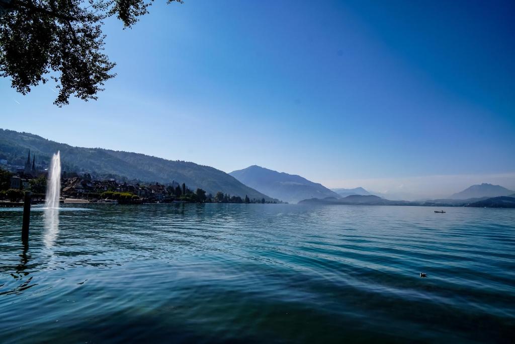 vistas a un lago con montañas en el fondo en Zug Zugersee Lake- and Mountainview Villa, en Zug