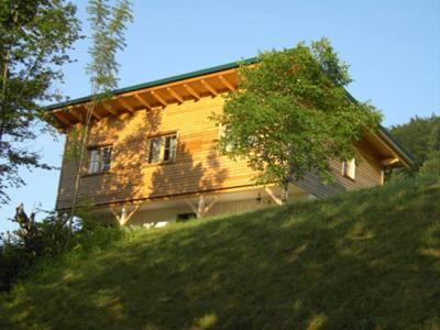 Ferienhof Kirchau في جوستلينج أن دير يبس: منزل جالس على قمة تل عشبي