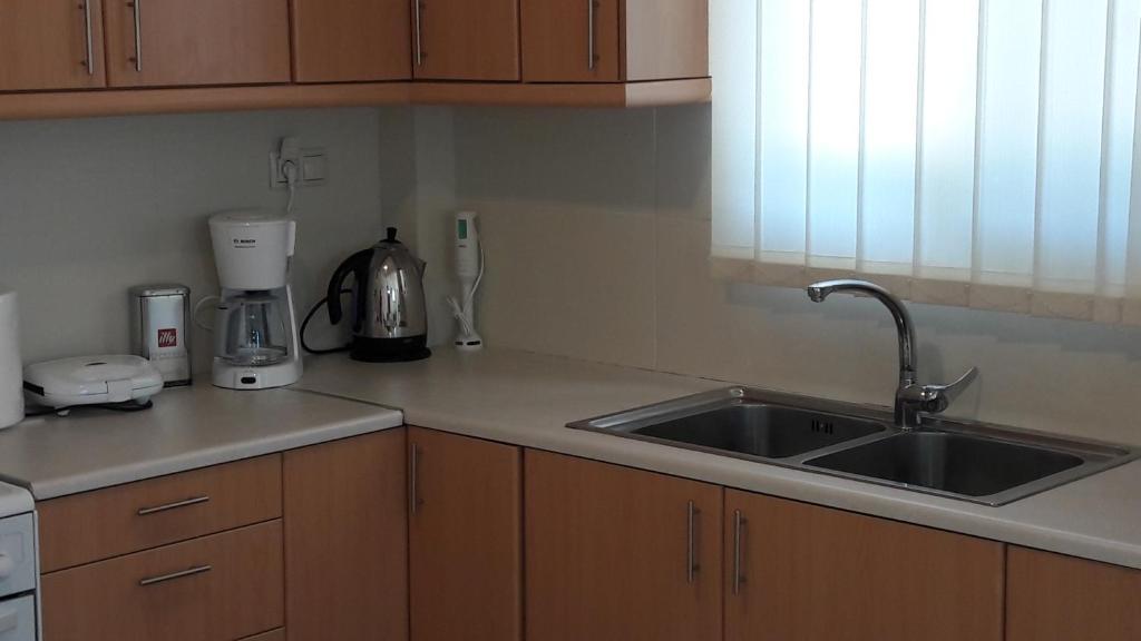 a kitchen counter with a sink and a coffee maker at STERNES house in Agios Leon