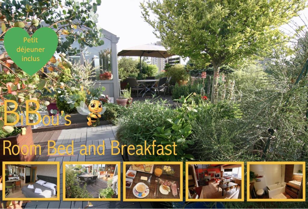 un jardín con abeja de habitación y señal de desayuno en bibou's room Paris en Les Lilas