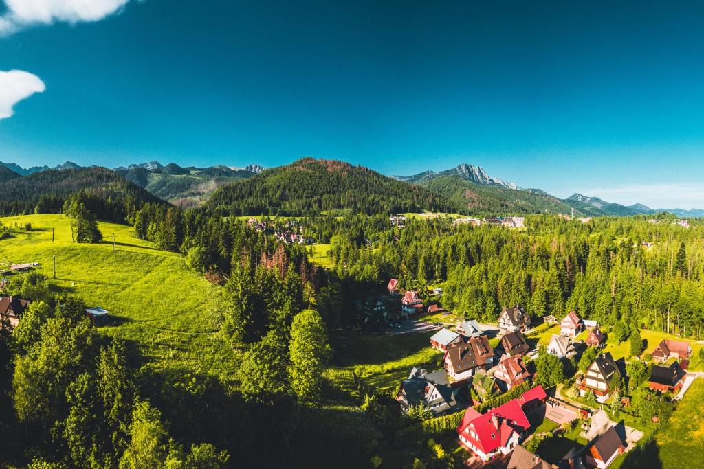 an aerial view of a village in the mountains at Hostel & Apartments u Florka 2 in Zakopane