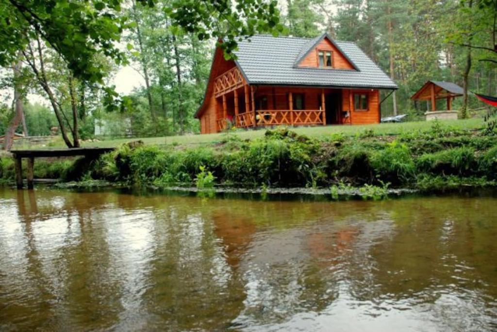 a log cabin next to a river with a house at Domek na Szumach in Susiec