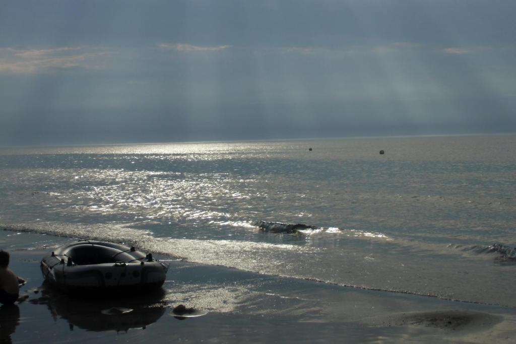 a boat sitting on the shore of the beach at ostseenahe Gartenidylle EG in Ribnitz-Damgarten