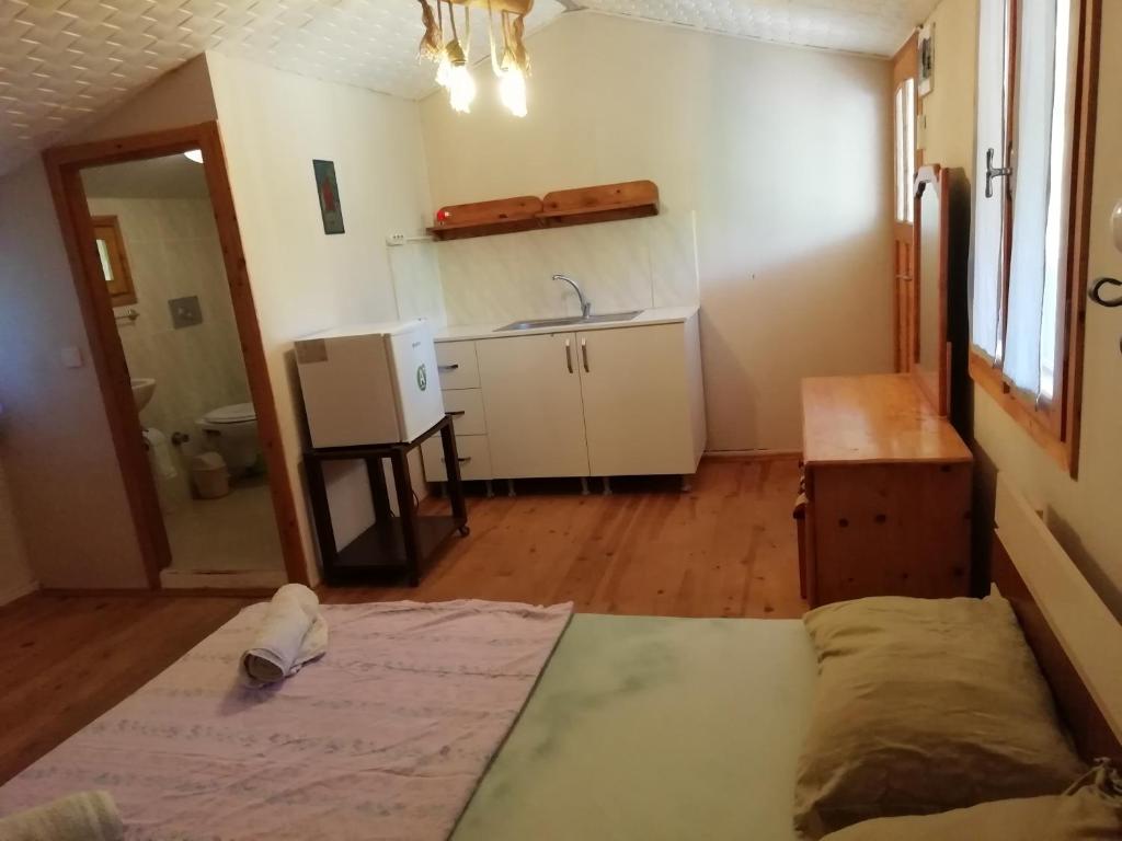 Habitación con cocina con fregadero y mesa. en Medusa Camping, en Patara