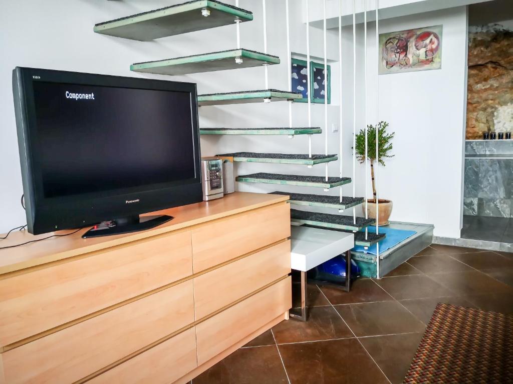 Televízia a/alebo spoločenská miestnosť v ubytovaní Munroe Apartment