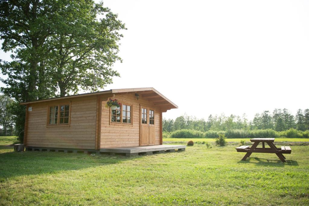 uma pequena cabana com uma mesa de piquenique num campo em Kempings Pabērzi em Bernāti