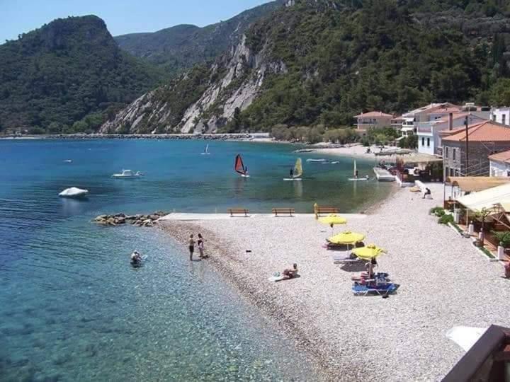 uma praia com um grupo de pessoas na água em Abeas Samos Antonis 3 em Samos