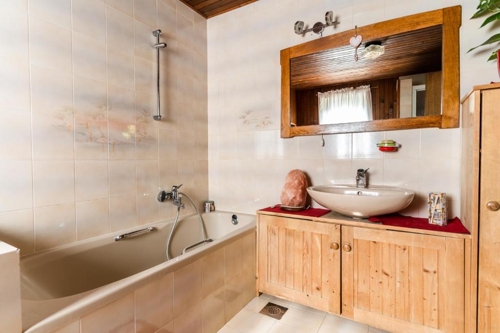a bathroom with a sink and a bath tub and a sink at Apartments & Rooms Florjana in Bled