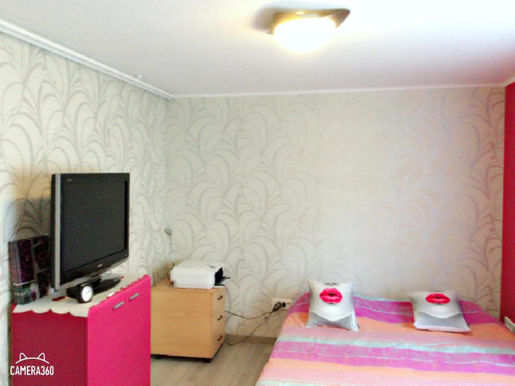 ein Wohnzimmer mit einem TV und einem TV-Stand in der Unterkunft Chambre au calme in Saverne