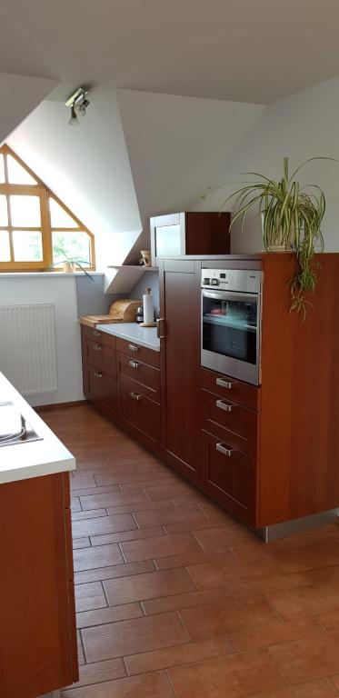 a large kitchen with wooden cabinets and a microwave at Ferienwohnung Lückl in Mettersdorf am Saßbach