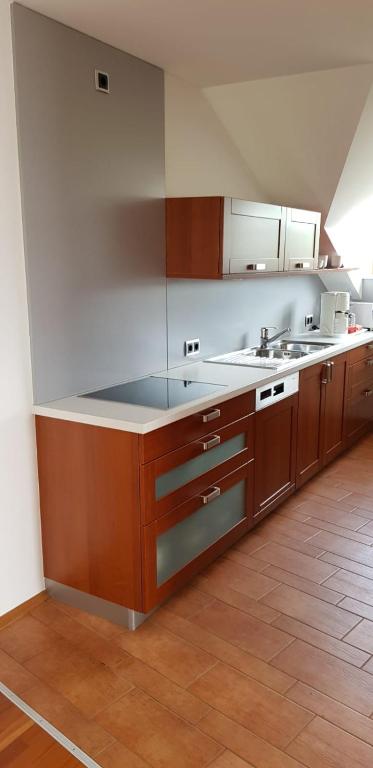 a kitchen with wooden cabinets and a counter top at Ferienwohnung Lückl in Mettersdorf am Saßbach