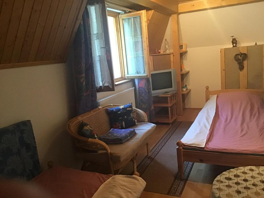 Habitación con cama, sofá y TV. en Van egy ház a Tisza parton, en Tiszaderzs
